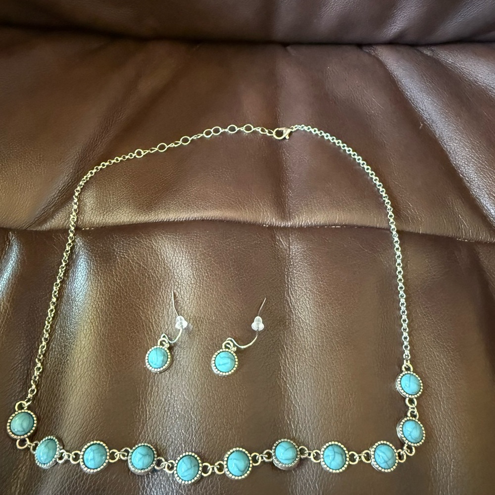 Silver Tone and Faux Turquoise 20”Necklace and Earring Set